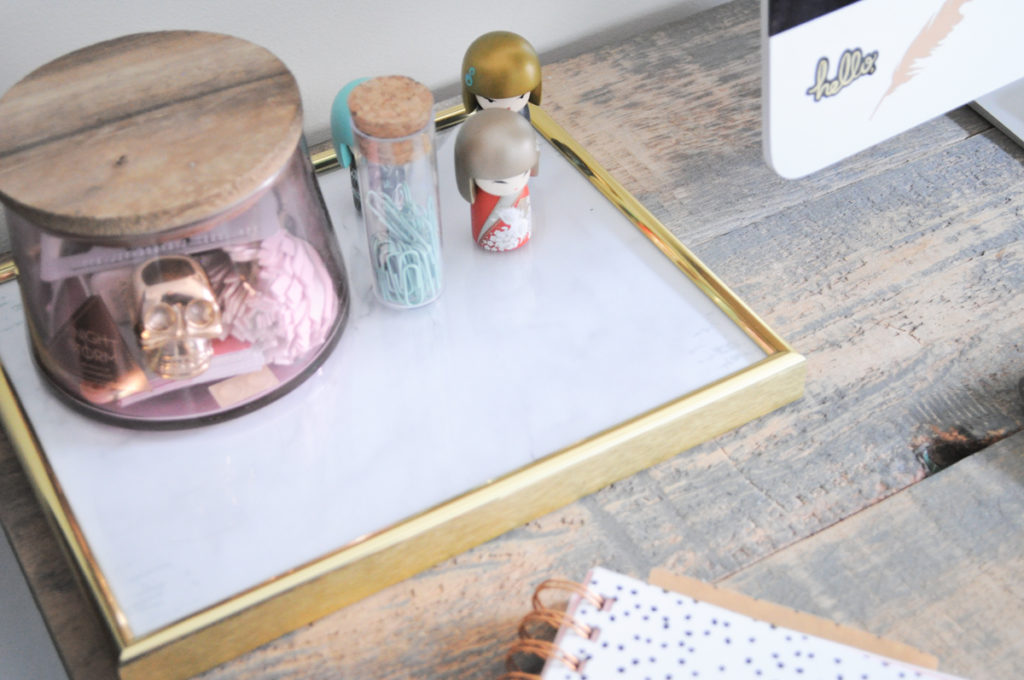 Diy, desk organization hacks, montreal blogger, diy dollar store, organized desk, pegboard hack, follow the sprinkles, diy tay, diy desk tray, diy marble tray